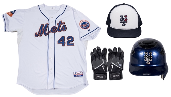 Lot of (4) Mike Pelfrey Game Used New York Mets Cap, Batting Helmet, Batting Gloves & Jackie Robinson Day Jersey (MLB Authenticated, Steiner, Mets COA)